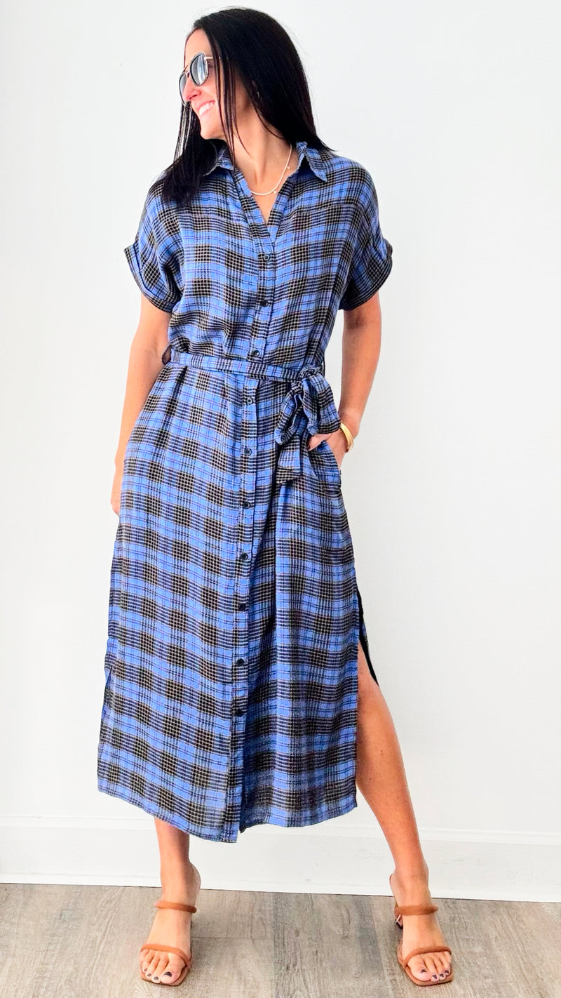 Indigo Plaid Button Down Dress-200 Dresses/Jumpsuits/Rompers-en creme-Coastal Bloom Boutique, find the trendiest versions of the popular styles and looks Located in Indialantic, FL
