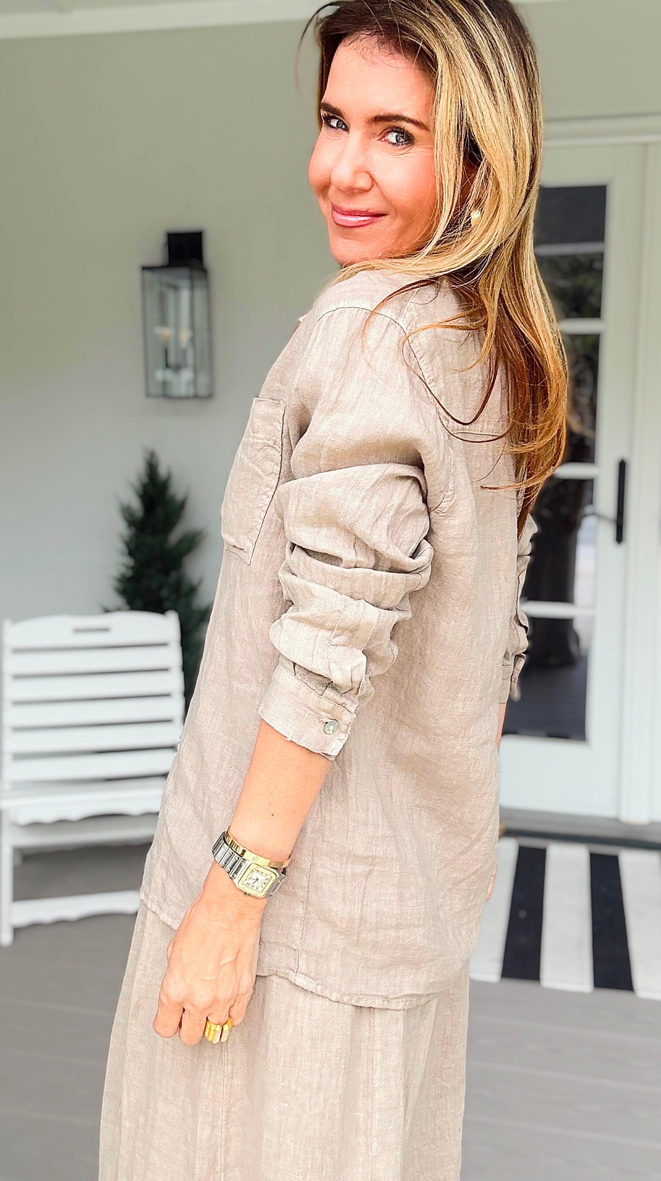 Tuscany Linen Italian Button Top- Taupe