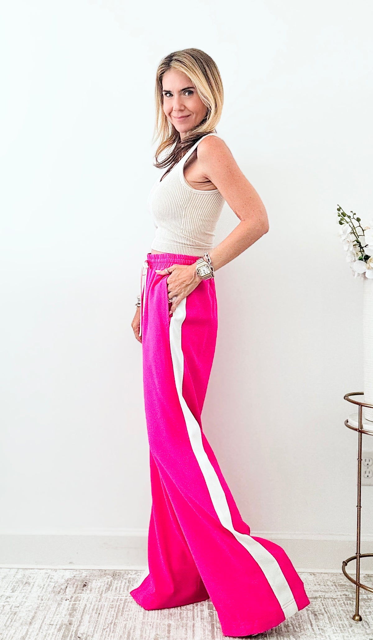 Varsity Striped Wide Leg Pants - Pink-170 Bottoms-ee:some-Coastal Bloom Boutique, find the trendiest versions of the popular styles and looks Located in Indialantic, FL