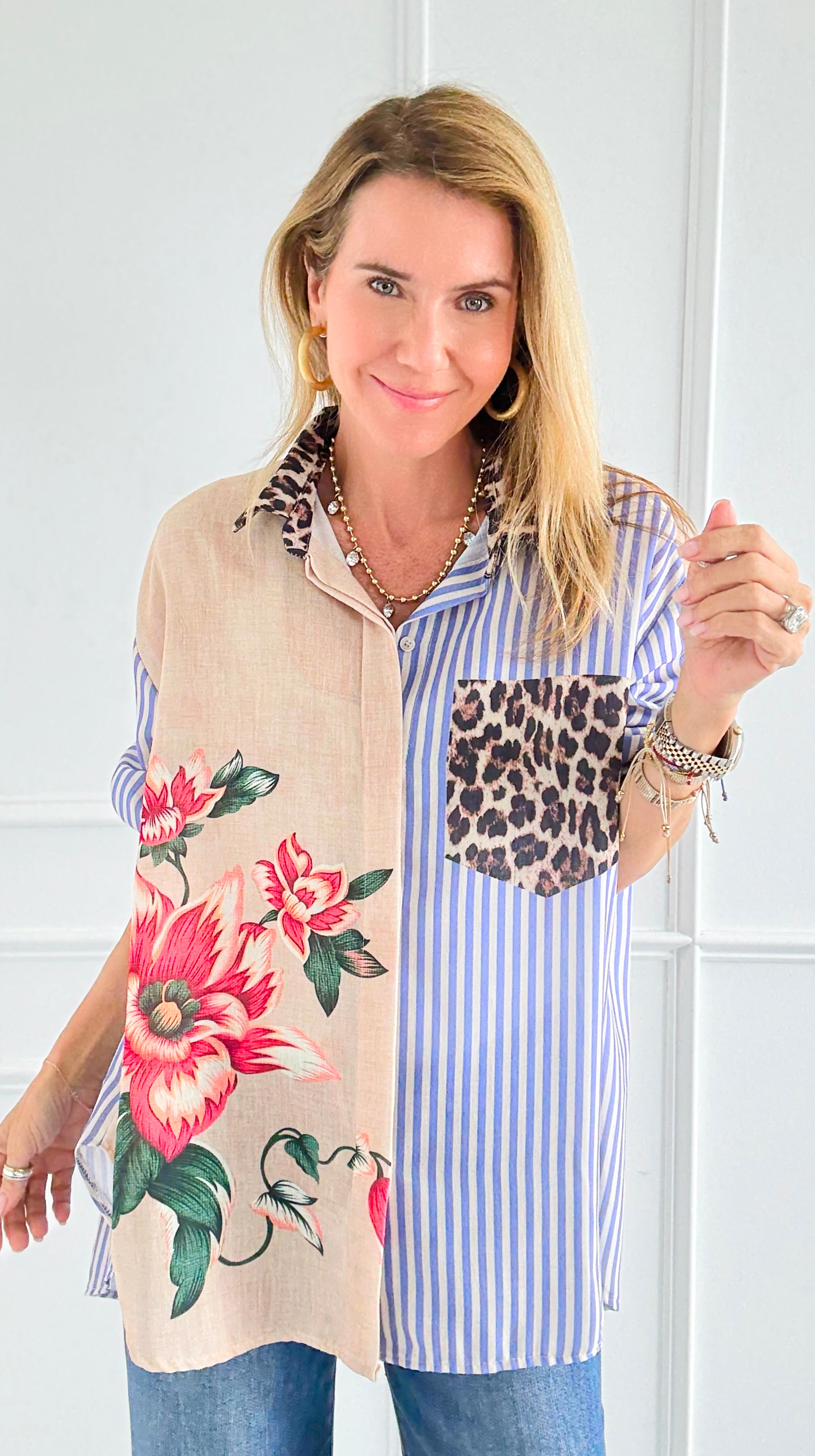Stripes & Petals Wild Italian Blouse-110 Long Sleeve Tops-Italianissimo-Coastal Bloom Boutique, find the trendiest versions of the popular styles and looks Located in Indialantic, FL
