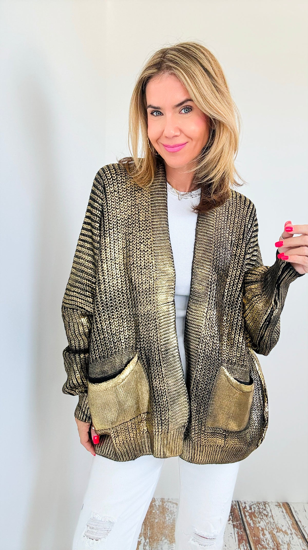 Mirrored Metallic Sugar High Italian Cardigan- Black/ Gold-150 Cardigan Layers-Italianissimo-Coastal Bloom Boutique, find the trendiest versions of the popular styles and looks Located in Indialantic, FL