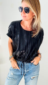 Onyx Metallic Pleated Tie Waist Blouse - Black-110 Short Sleeve Tops-Glam-Coastal Bloom Boutique, find the trendiest versions of the popular styles and looks Located in Indialantic, FL