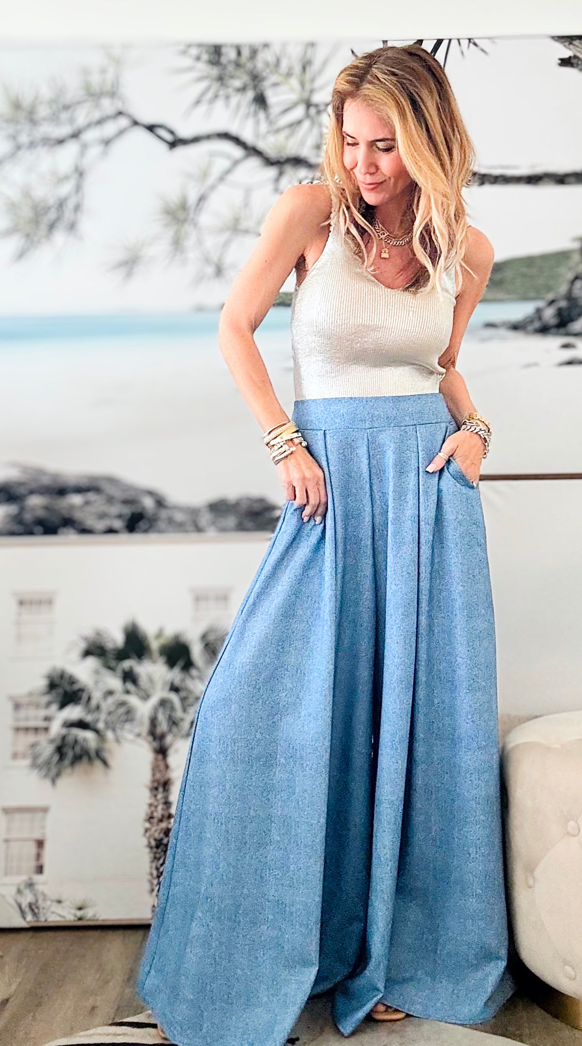 Palazzo Denim Pants-170 Bottoms-Nylon Apparel-Coastal Bloom Boutique, find the trendiest versions of the popular styles and looks Located in Indialantic, FL