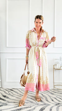 Baroque Border Belted Midi Dress