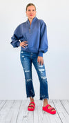 Zip-Up Scuba Long Sleeve Sweatshirt - Denim-110 Short Sleeve Tops-BucketList-Coastal Bloom Boutique, find the trendiest versions of the popular styles and looks Located in Indialantic, FL