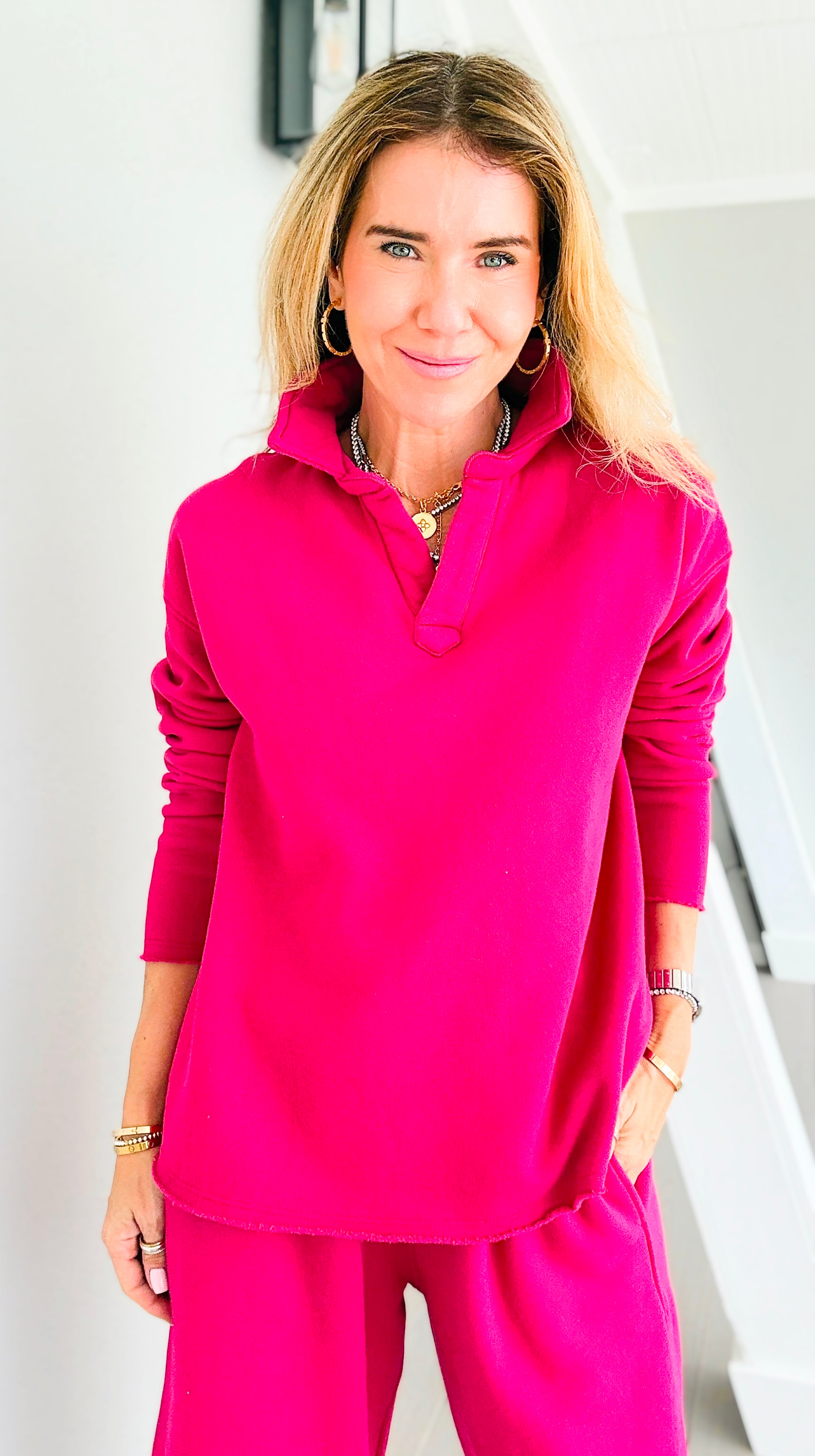 Eileen Cozy Lounge Collar Pullover Top - Plum Pink