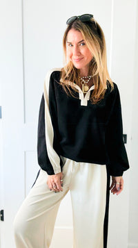 Contrast Lounge Quarter-Zip Top - Black-110 Long Sleeve Tops-JODIFL-Coastal Bloom Boutique, find the trendiest versions of the popular styles and looks Located in Indialantic, FL