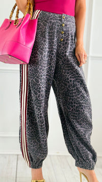 Run Wild Stripe Detail Pants - Black Leopard-170 Bottoms-POL-Coastal Bloom Boutique, find the trendiest versions of the popular styles and looks Located in Indialantic, FL