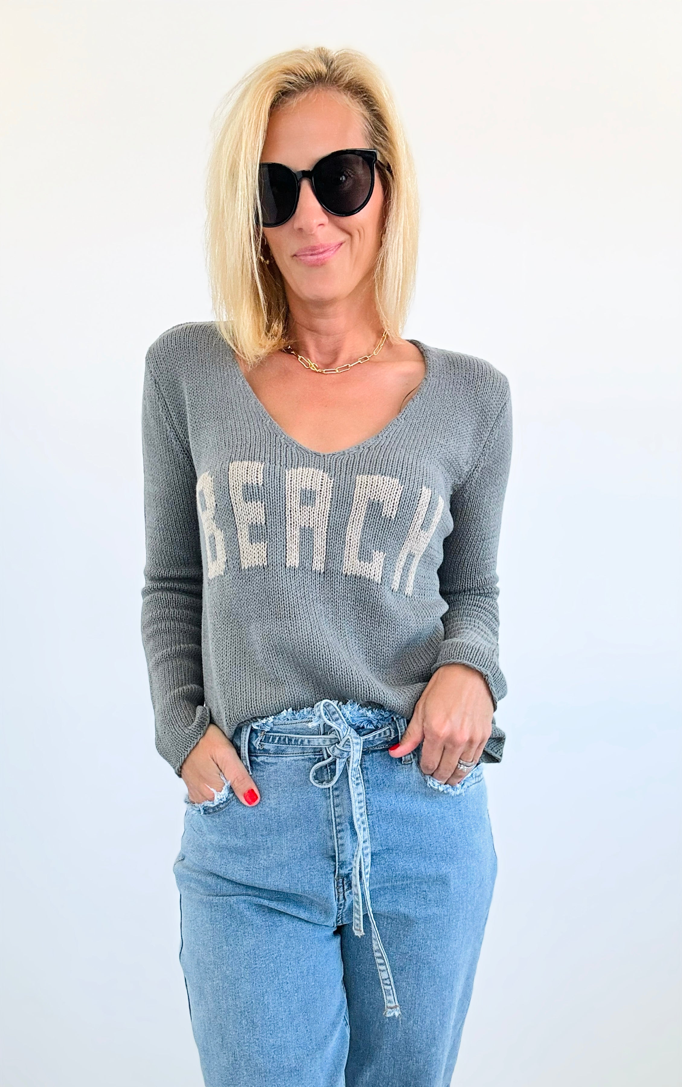 "Beach" Lightweight Knit V Neck Sweater - Army Green-140 Sweaters-MIRACLE-Coastal Bloom Boutique, find the trendiest versions of the popular styles and looks Located in Indialantic, FL