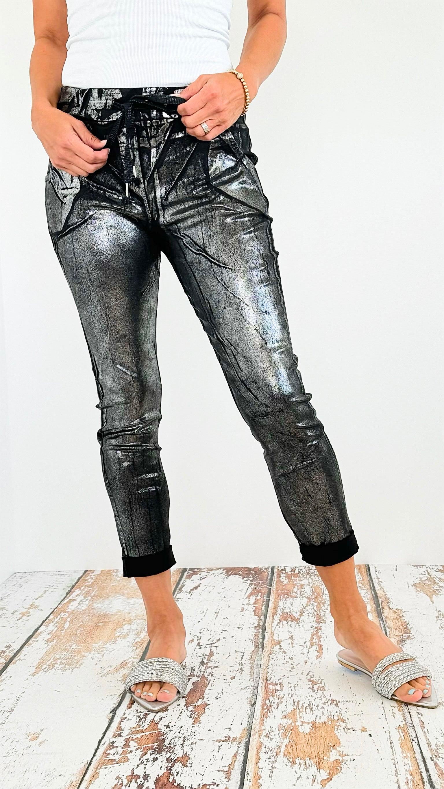 Shine-On Glistening Italian Joggers - Black/ Silver-pants-Italianissimo-Coastal Bloom Boutique, find the trendiest versions of the popular styles and looks Located in Indialantic, FL