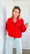 French Terry Buttoned Down Top - Red-130 Long Sleeve Tops-BucketList-Coastal Bloom Boutique, find the trendiest versions of the popular styles and looks Located in Indialantic, FL