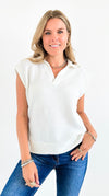 Lemon Drop Collared Knit Top - Off White-100 Sleeveless Tops-Tres Bien-Coastal Bloom Boutique, find the trendiest versions of the popular styles and looks Located in Indialantic, FL