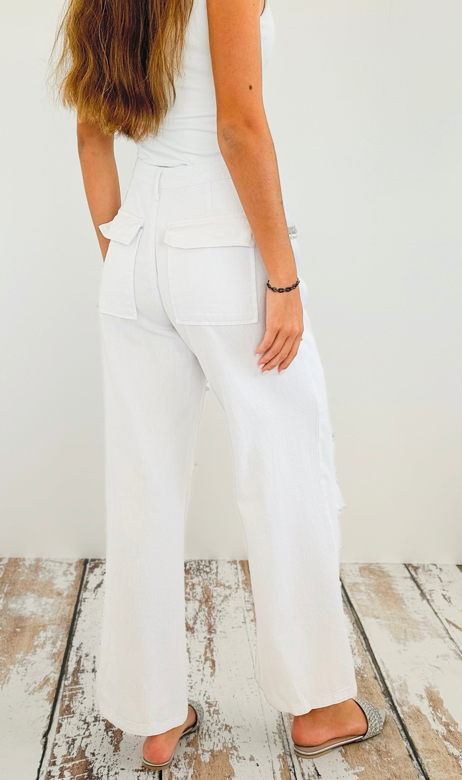 Rhinestone Pockets Trim Distressed Pants - White-170 Bottoms-Hot & Delicious-Coastal Bloom Boutique, find the trendiest versions of the popular styles and looks Located in Indialantic, FL