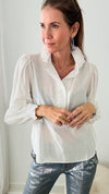 Ruffled Up Collar Button Down Poplin Blouse - White-130 Long Sleeve Tops-&MERCI-Coastal Bloom Boutique, find the trendiest versions of the popular styles and looks Located in Indialantic, FL