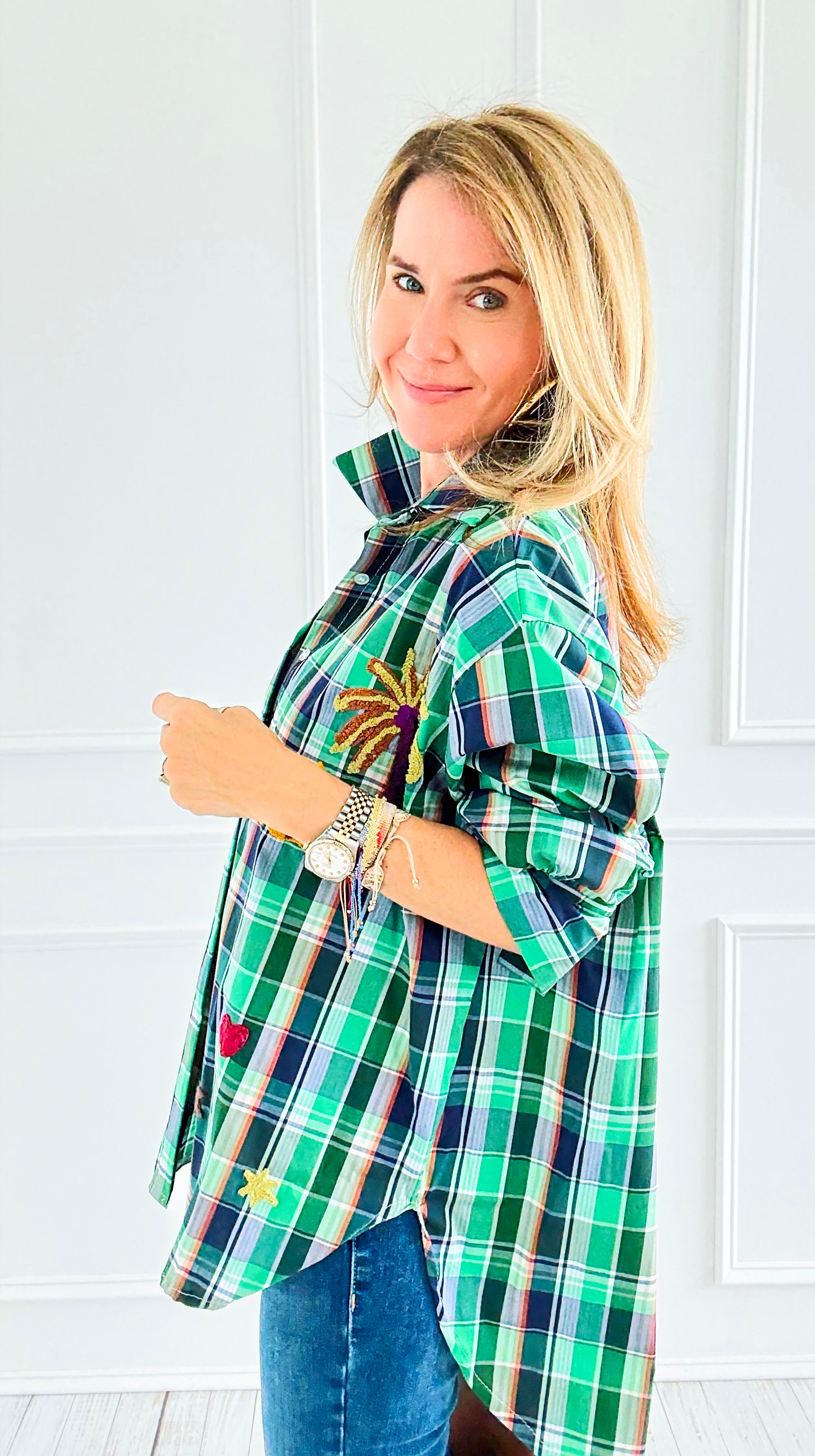 Desert Mirage Plaid Italian Blouse-Green-110 Long Sleeve Tops-TATTOO Z-Coastal Bloom Boutique, find the trendiest versions of the popular styles and looks Located in Indialantic, FL
