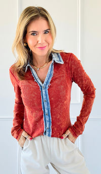 Distressed Denim Trim Button-Up Top - Red-130 Long Sleeve Tops-mystree-Coastal Bloom Boutique, find the trendiest versions of the popular styles and looks Located in Indialantic, FL