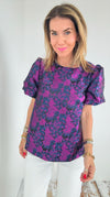 Nocturnal Garden Puff Sleeve Top-110 Short Sleeve Tops-SUGARLIPS-Coastal Bloom Boutique, find the trendiest versions of the popular styles and looks Located in Indialantic, FL