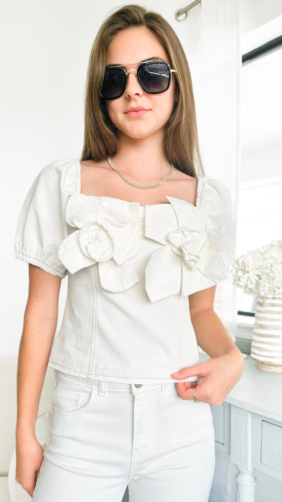 Flower Detail Square Neck Denim Top-White-110 Short Sleeve Tops-pastel design-Coastal Bloom Boutique, find the trendiest versions of the popular styles and looks Located in Indialantic, FL
