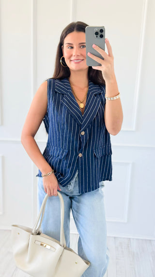 Casual Lines Italian Linen Vest- Navy/White