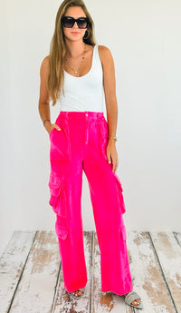 Velvet Cargo Wide Leg Pant-Fuchsia- SHOP-170 Bottoms-Hot & Delicious-Coastal Bloom Boutique, find the trendiest versions of the popular styles and looks Located in Indialantic, FL