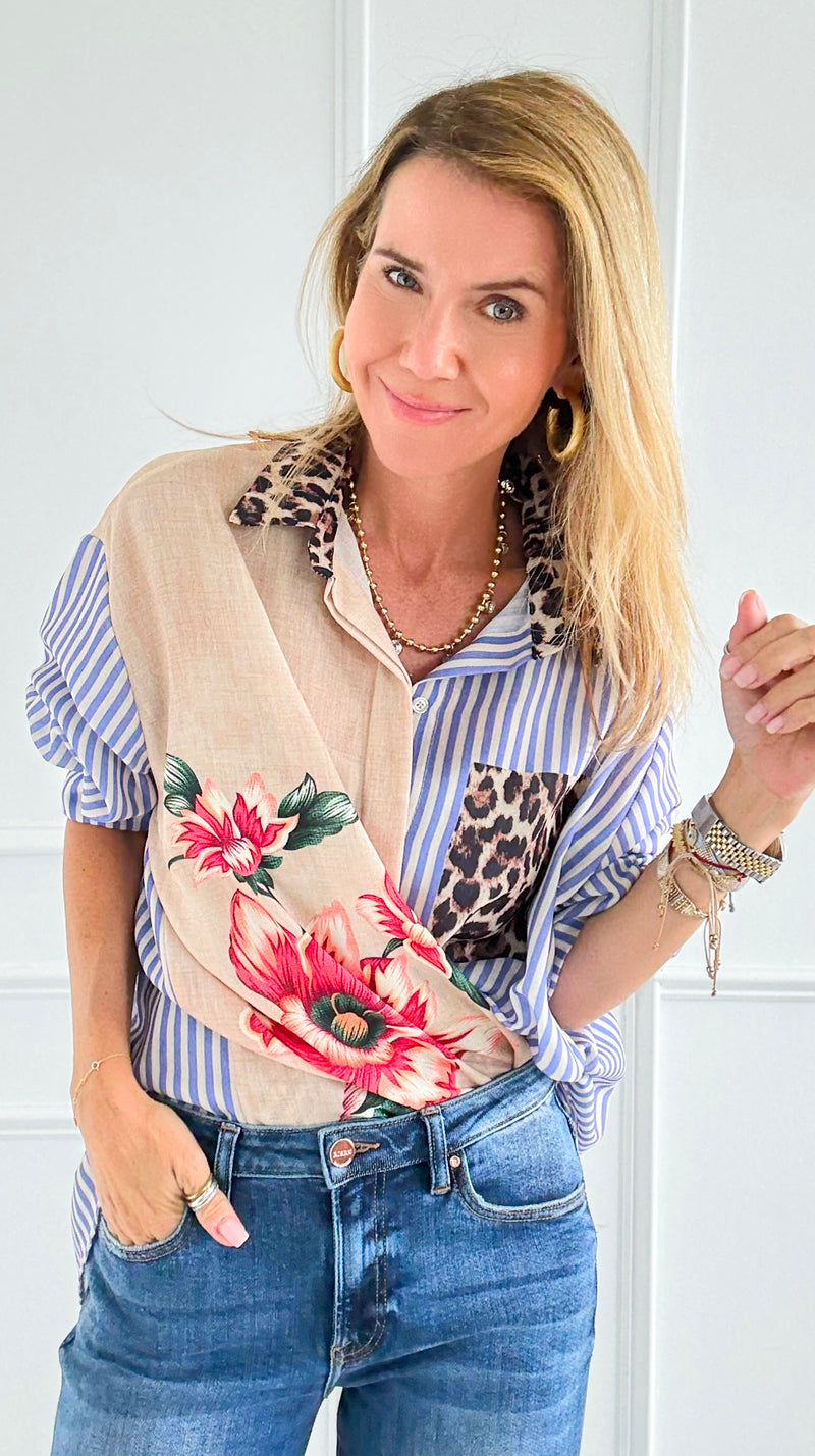 Stripes & Petals Wild Italian Blouse-110 Long Sleeve Tops-Italianissimo-Coastal Bloom Boutique, find the trendiest versions of the popular styles and looks Located in Indialantic, FL