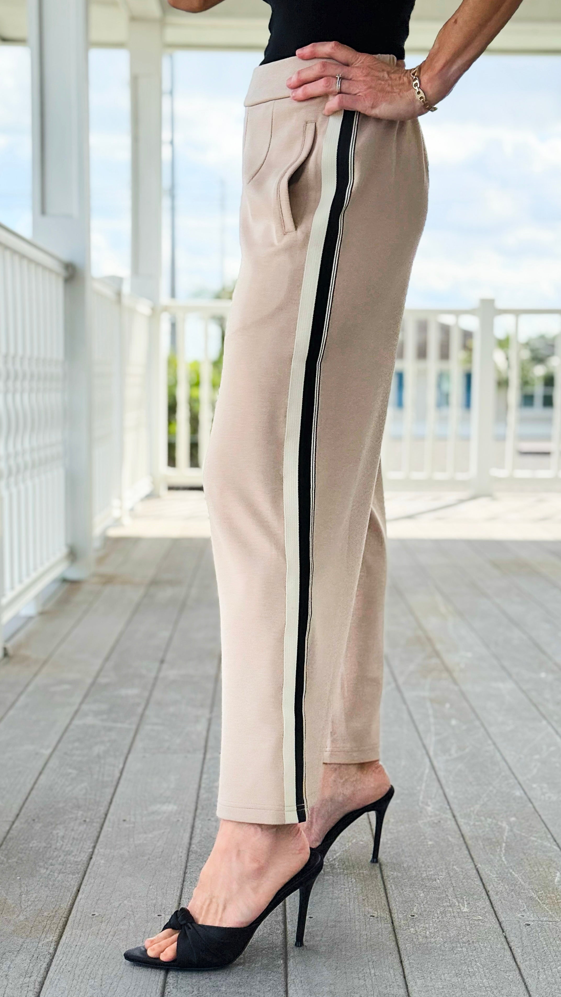 Striped Down Line Wide-Leg Pant - Taupe