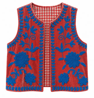 Velvet Gingham Embroidered Floral Vest