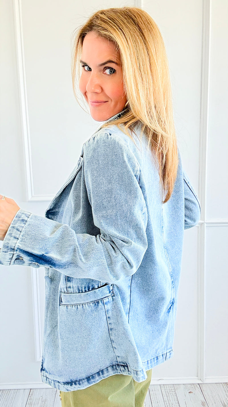 Washed Denim Blazer-160 Jackets-26 INTERNATIONAL-Coastal Bloom Boutique, find the trendiest versions of the popular styles and looks Located in Indialantic, FL