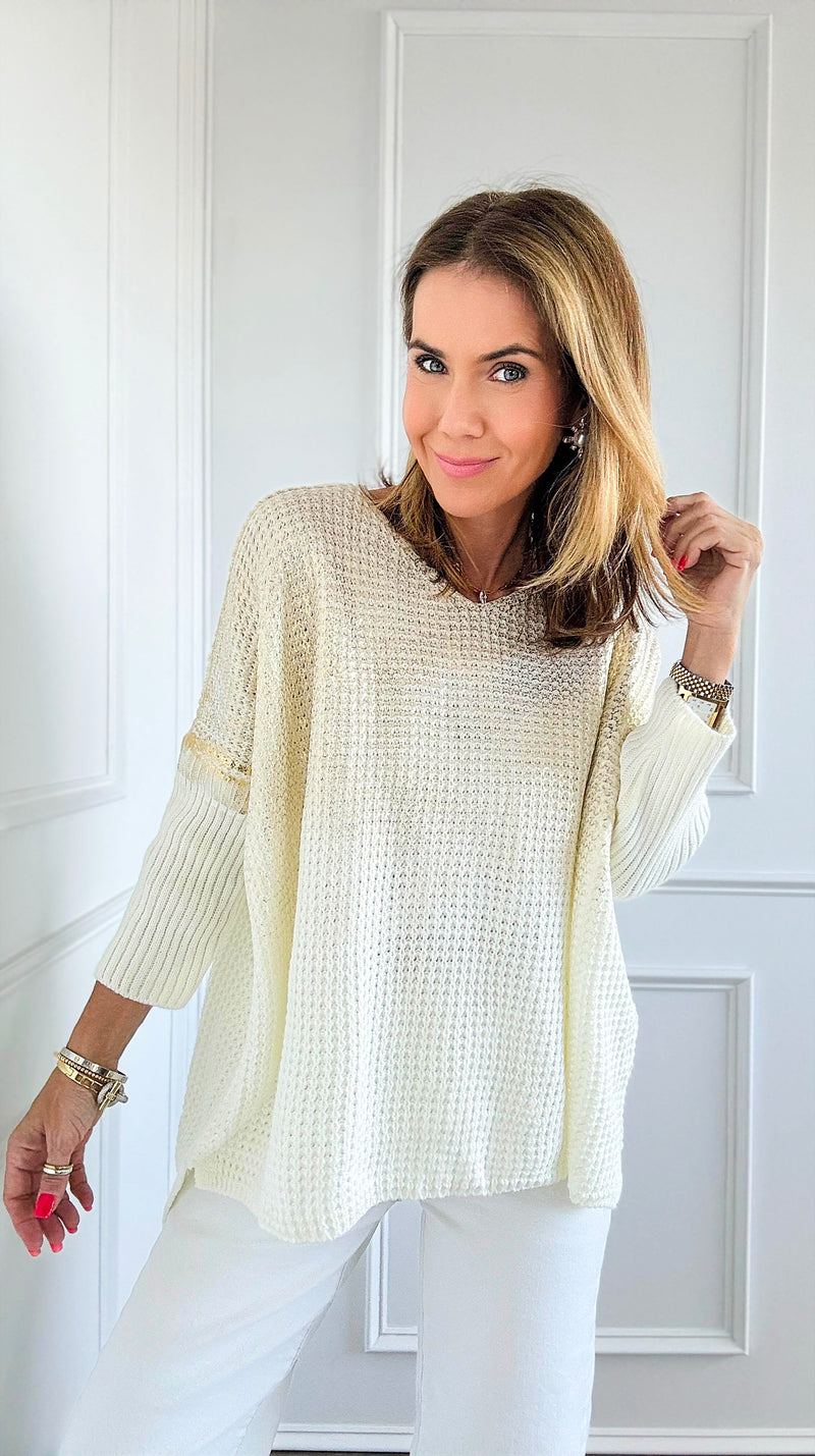 Luminous Italian Sweater- Ivory/Gold-140 Sweaters-Italianissimo-Coastal Bloom Boutique, find the trendiest versions of the popular styles and looks Located in Indialantic, FL