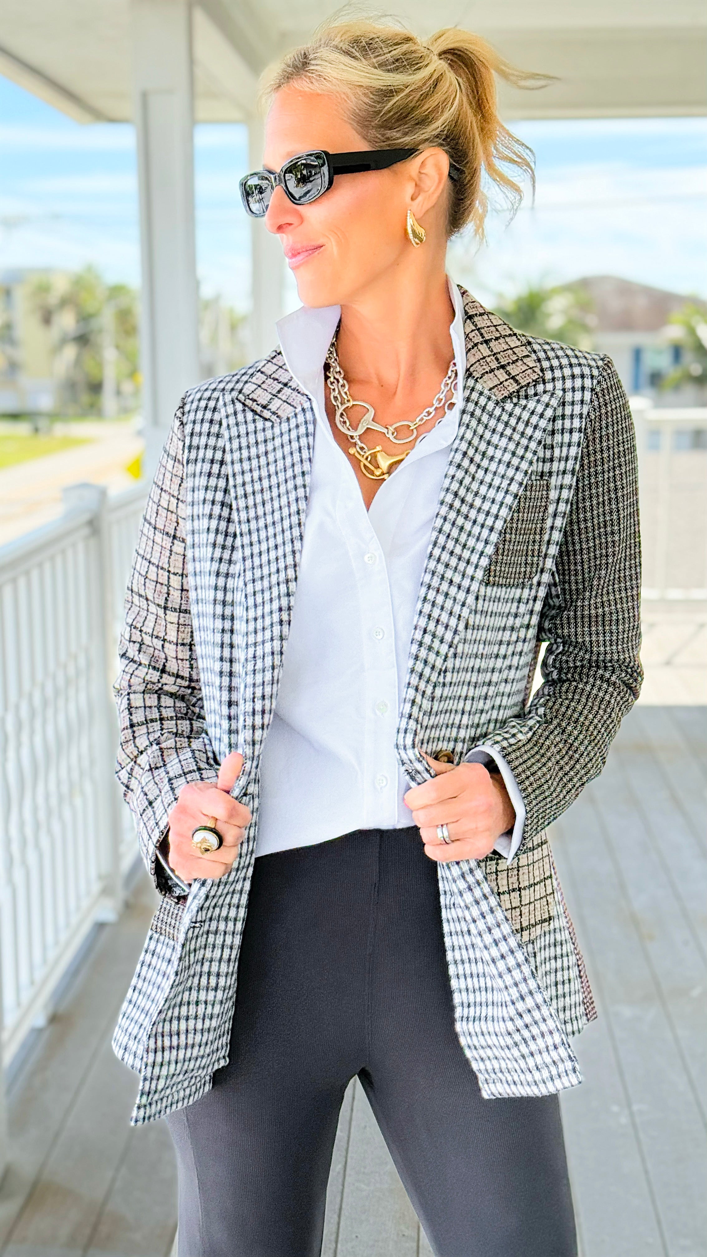 Cityscape Patchwork Tailored Jacket-160 Jackets-mystree-Coastal Bloom Boutique, find the trendiest versions of the popular styles and looks Located in Indialantic, FL