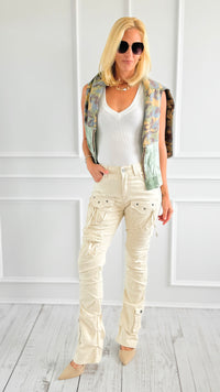 Pinched Stretch Cargo Pants-170 Bottoms-SMOKE RISE RED-Coastal Bloom Boutique, find the trendiest versions of the popular styles and looks Located in Indialantic, FL
