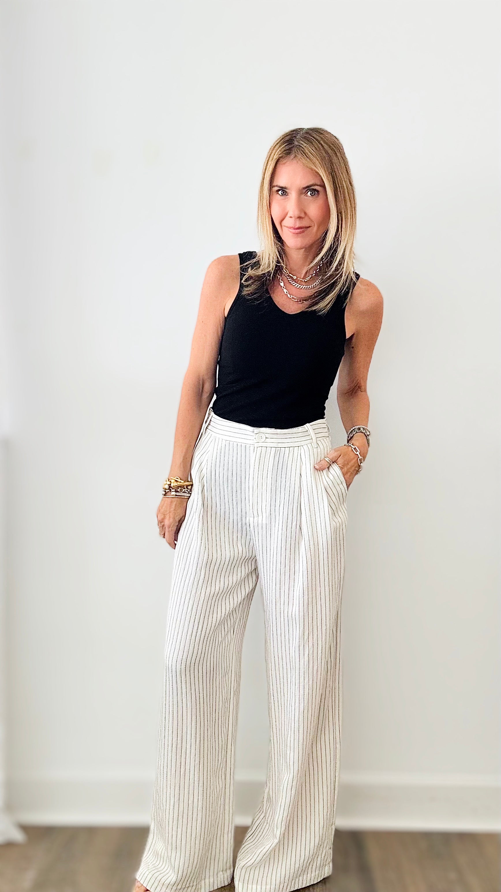 Boyfriend's Pinstripe Trousers-170 Bottoms-MISS LOVE-Coastal Bloom Boutique, find the trendiest versions of the popular styles and looks Located in Indialantic, FL