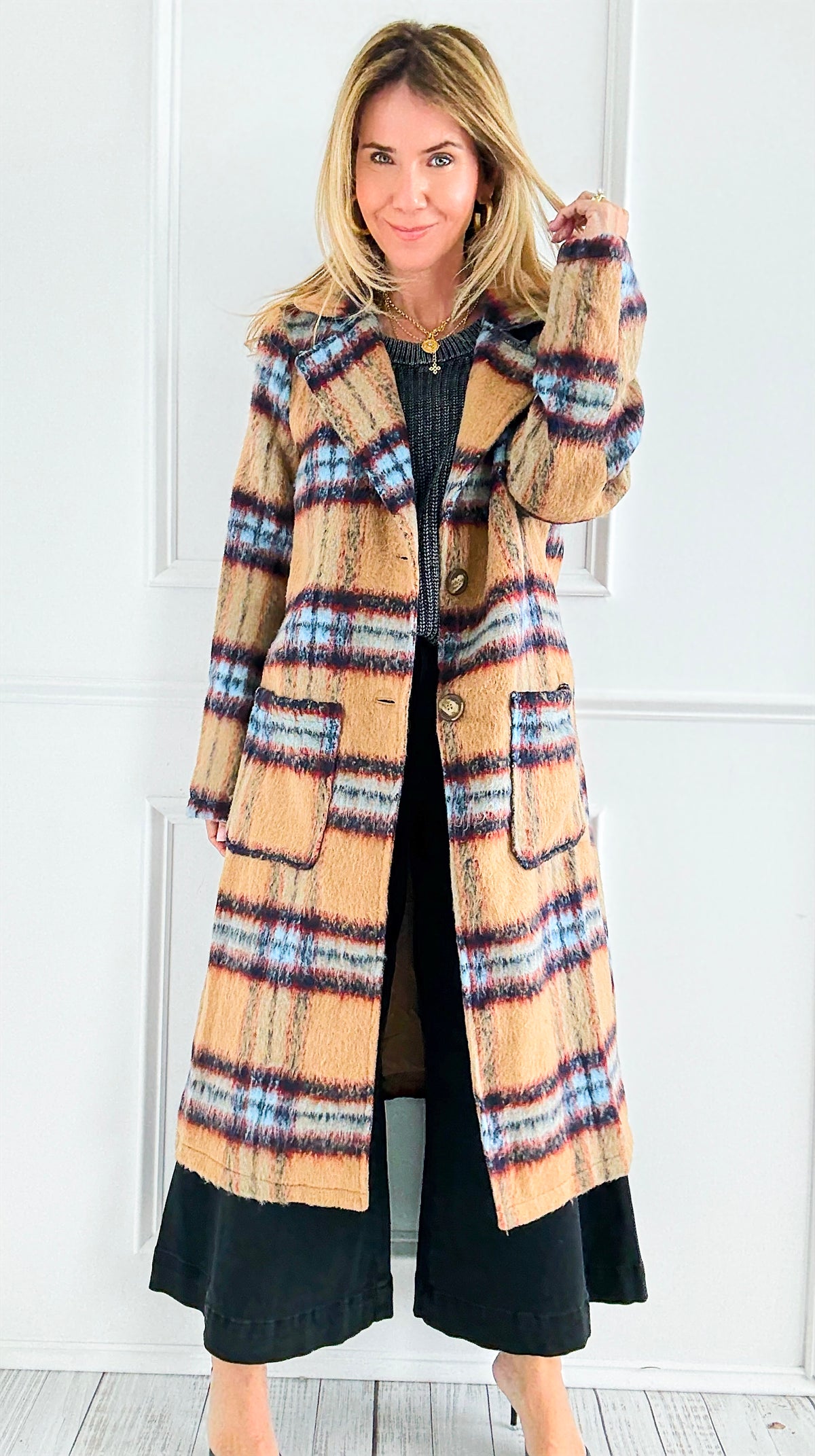 Heritage Check Long Coat-160 Jackets-mystree-Coastal Bloom Boutique, find the trendiest versions of the popular styles and looks Located in Indialantic, FL