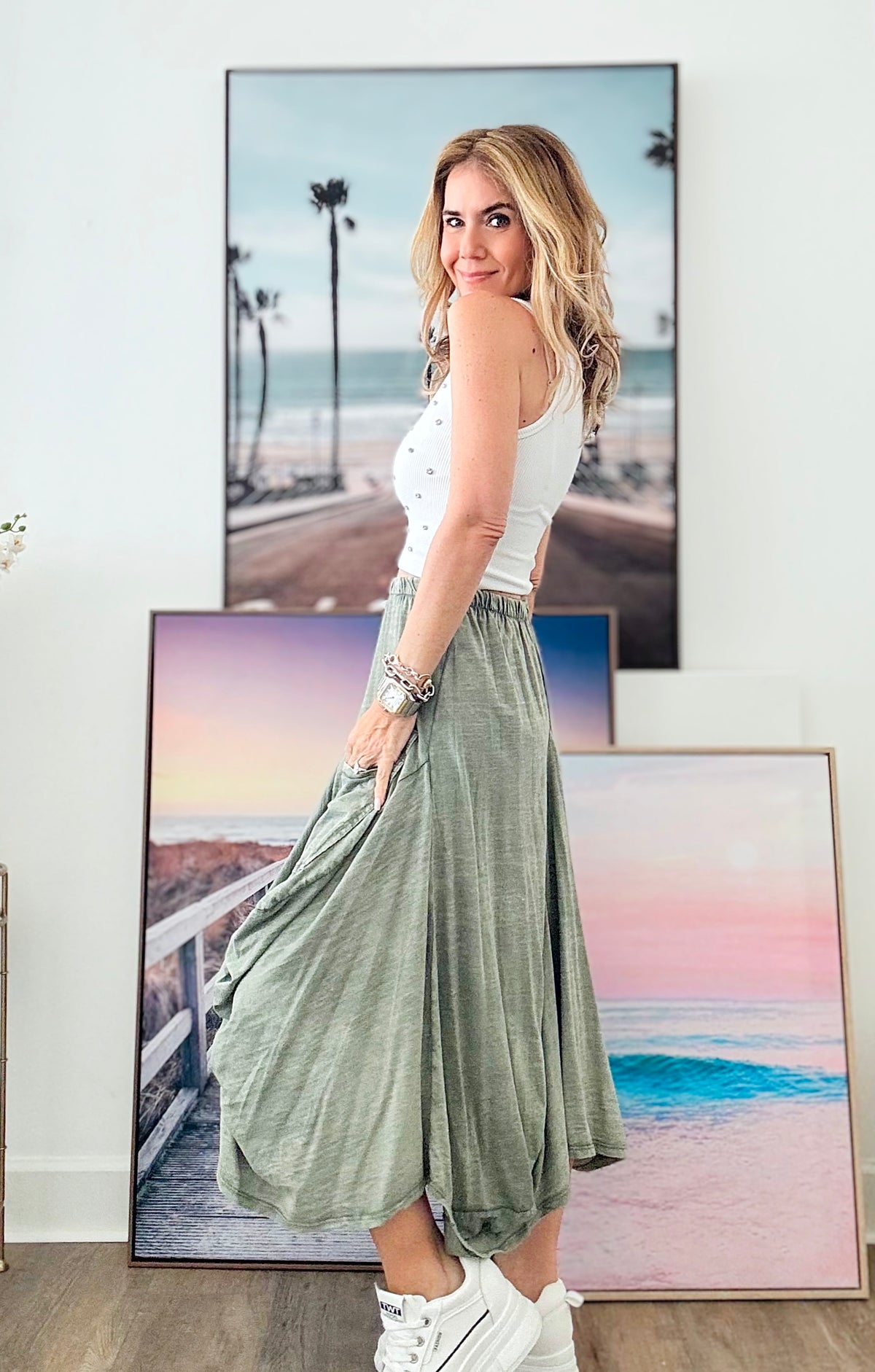 Olive Buffy Cotton Pocketed Italian Skirt-170 Bottoms-Tempo-Coastal Bloom Boutique, find the trendiest versions of the popular styles and looks Located in Indialantic, FL