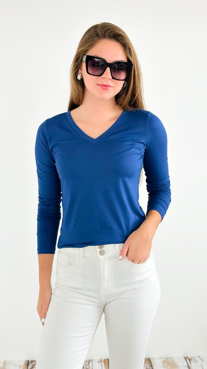 V-Neck Anniston Microfiber Tee- Navy-130 Long Sleeve Tops-Zenana-Coastal Bloom Boutique, find the trendiest versions of the popular styles and looks Located in Indialantic, FL