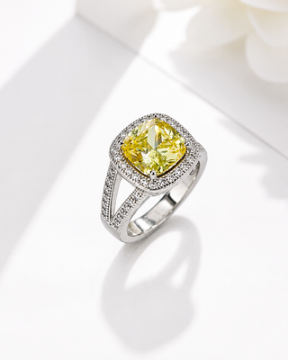 Sterling Silver Canary Asscher CZ Halo Ring - Silver