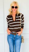 Weekend Club Striped Polo Sweater - Brown-140 Sweaters-LOVE TREE-Coastal Bloom Boutique, find the trendiest versions of the popular styles and looks Located in Indialantic, FL