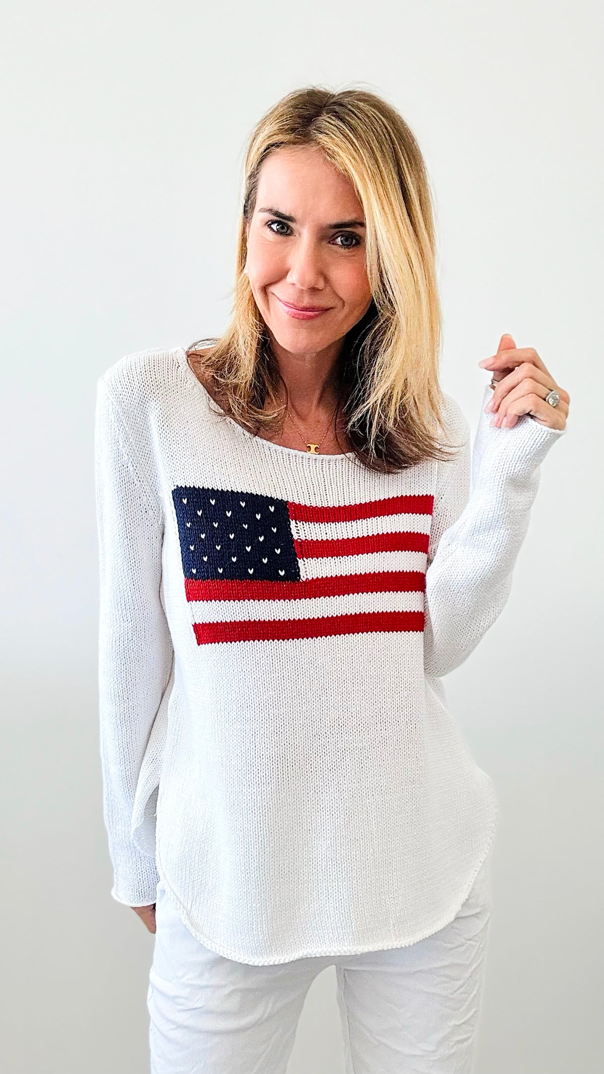 Flag Soft Sweater -White-140 Sweaters-Miracle-Coastal Bloom Boutique, find the trendiest versions of the popular styles and looks Located in Indialantic, FL