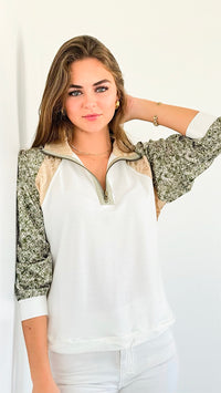 Patchwork Charm Quarter-Zip Sweatshirt-130 Long Sleeve Tops-mystree-Coastal Bloom Boutique, find the trendiest versions of the popular styles and looks Located in Indialantic, FL