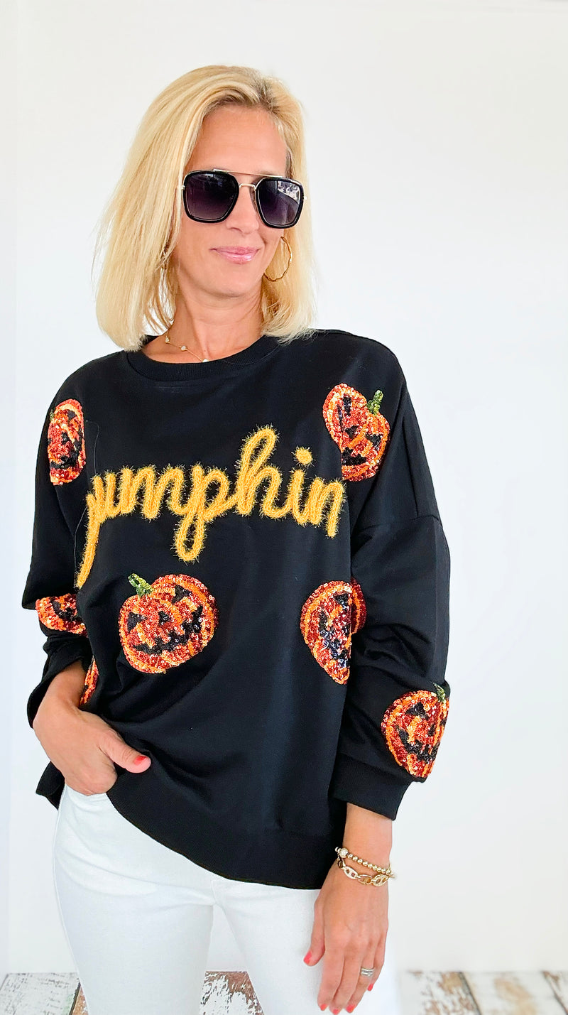 Pumpkin Sequin Sweatshirt - Black-130 Long Sleeve Tops-BIBI-Coastal Bloom Boutique, find the trendiest versions of the popular styles and looks Located in Indialantic, FL