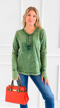 Sunday Stroll Mineral Wash Henley Top - Dk.Green-110 Long Sleeve Tops-Zenana-Coastal Bloom Boutique, find the trendiest versions of the popular styles and looks Located in Indialantic, FL