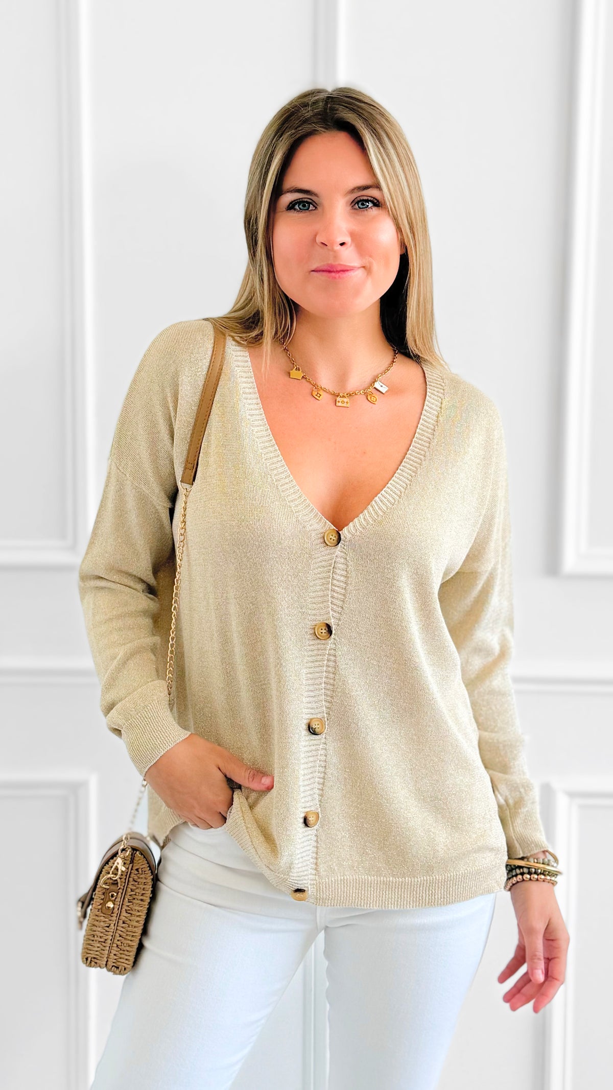 Lurex Aura Italian Cardigan-Gold-150 Cardigans/Layers-LY PARIS-Coastal Bloom Boutique, find the trendiest versions of the popular styles and looks Located in Indialantic, FL