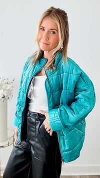 Quilted Velvet Solid Jacket - Turquoise-160 Jackets-ROUSSEAU-Coastal Bloom Boutique, find the trendiest versions of the popular styles and looks Located in Indialantic, FL