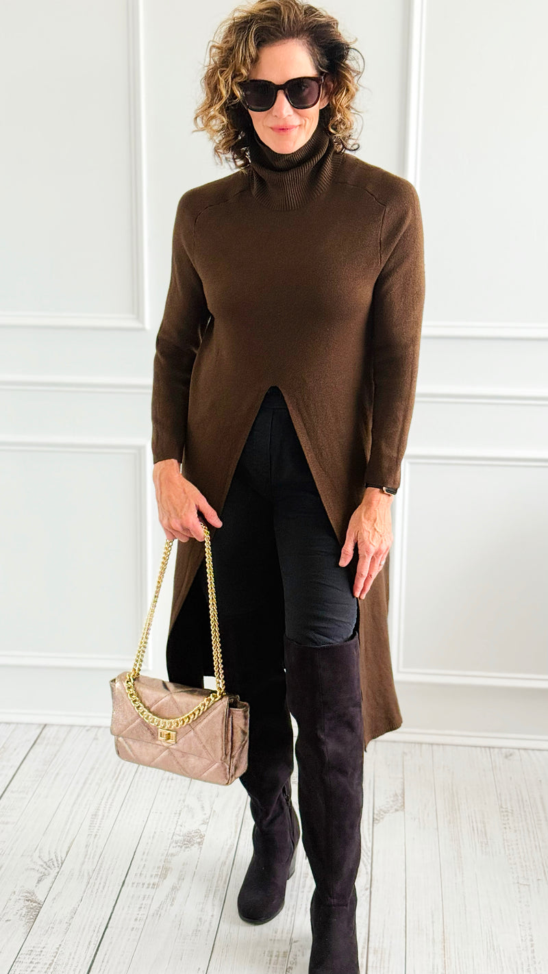 Chic Long Split Italian Sweater - Brown-150 Cardigans/Layers-Italianissimo/Z Studio-Coastal Bloom Boutique, find the trendiest versions of the popular styles and looks Located in Indialantic, FL