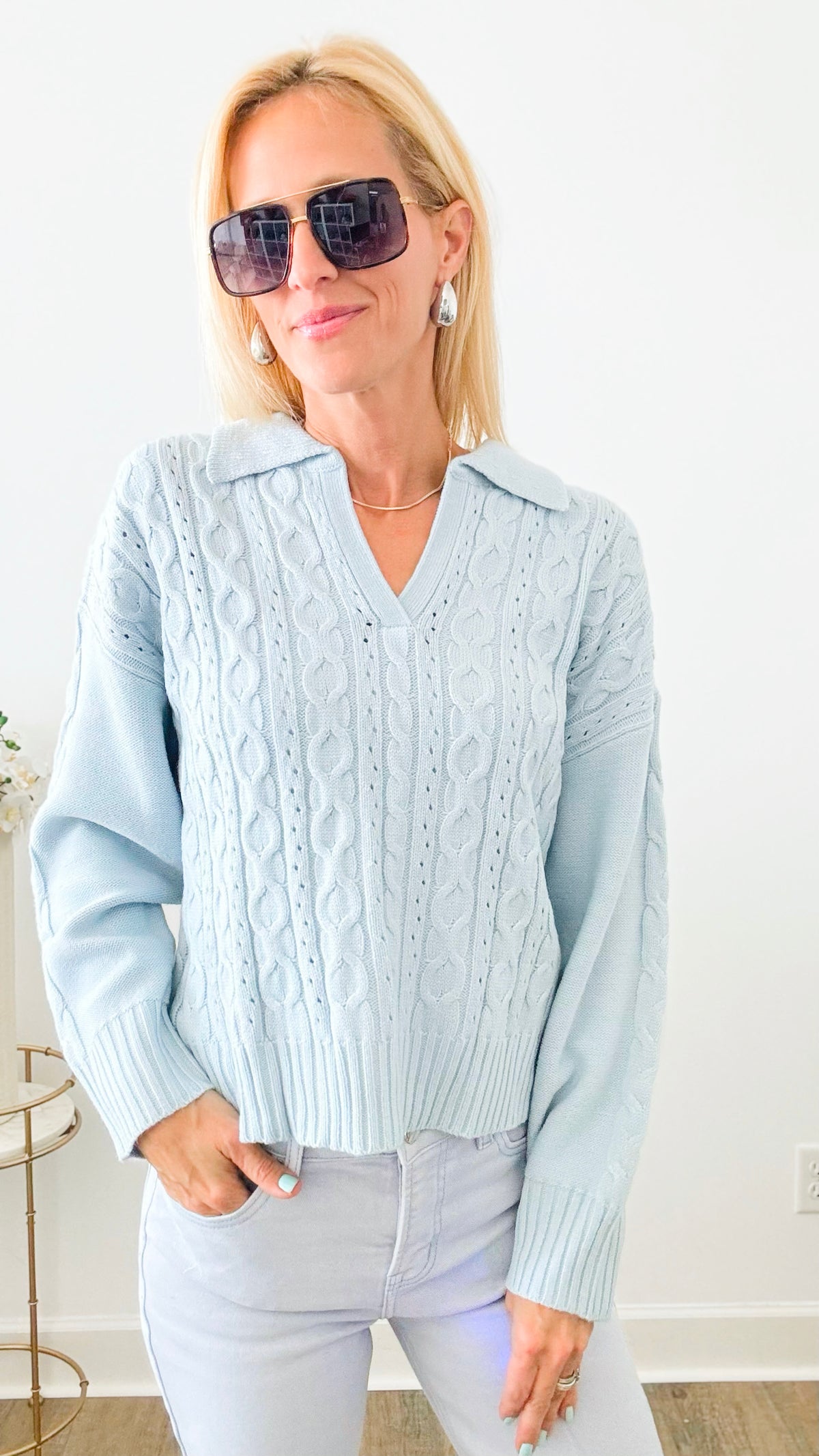 Spring Blue Crochet Collared Sweater-140 Sweaters-Rousseau-Coastal Bloom Boutique, find the trendiest versions of the popular styles and looks Located in Indialantic, FL