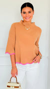Waves & Whimsy Scallop Sweater - Camel/Pink-140 Sweaters-Fate Inc-Coastal Bloom Boutique, find the trendiest versions of the popular styles and looks Located in Indialantic, FL