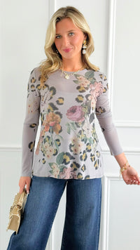 Wild Beauty Long Sleeved Mesh Top - Grey-110 Long Sleeve Tops-Origami Fashion Inc-Coastal Bloom Boutique, find the trendiest versions of the popular styles and looks Located in Indialantic, FL