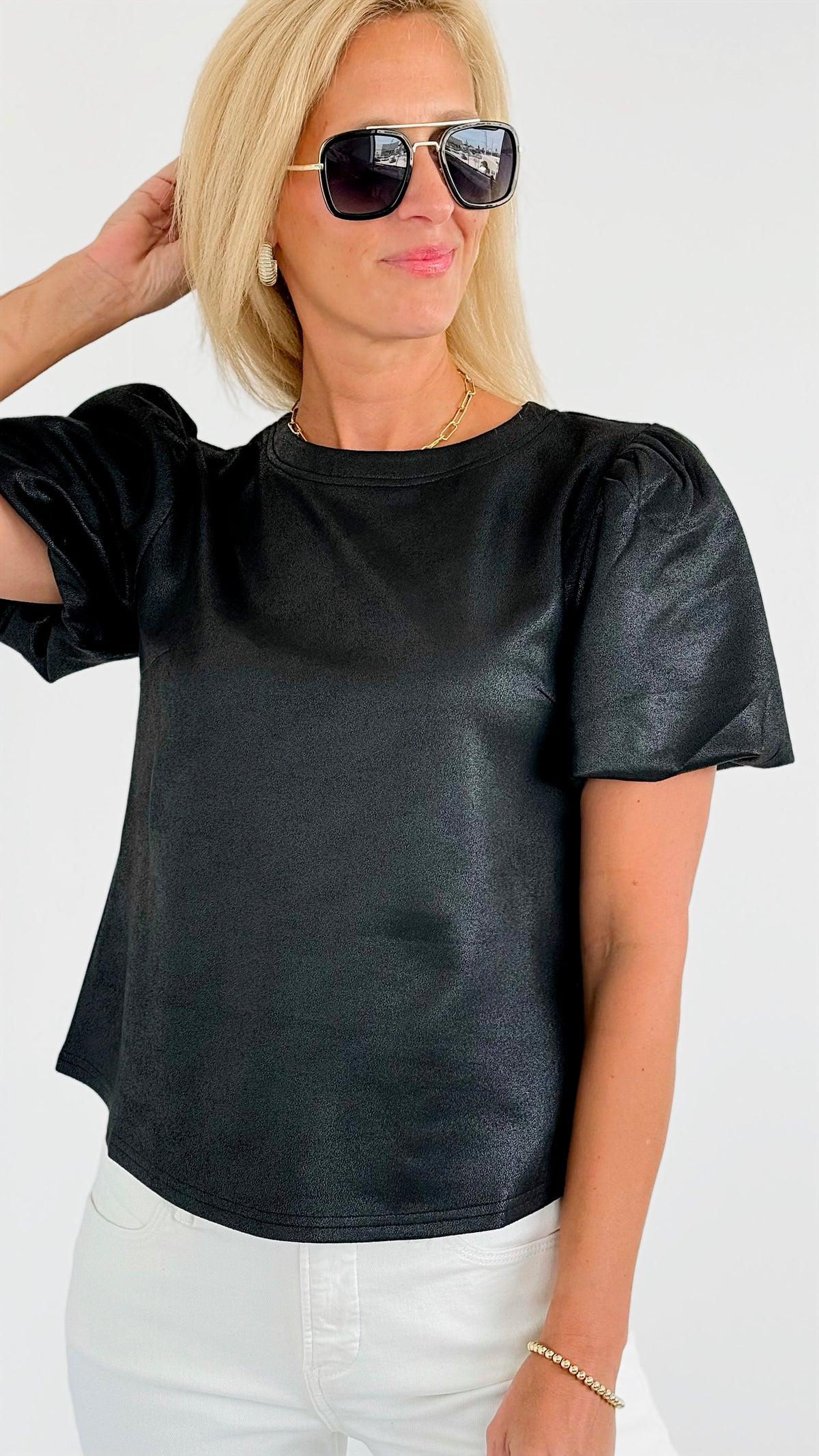 Puff Sleeves Vegan Leather Top-Black-110 Short Sleeve Tops-VOY-Coastal Bloom Boutique, find the trendiest versions of the popular styles and looks Located in Indialantic, FL