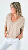 Relaxed Recoleta Lurex Trim Italian Top - Mocha-130 Long Sleeve Tops-Italianissimo-Coastal Bloom Boutique, find the trendiest versions of the popular styles and looks Located in Indialantic, FL