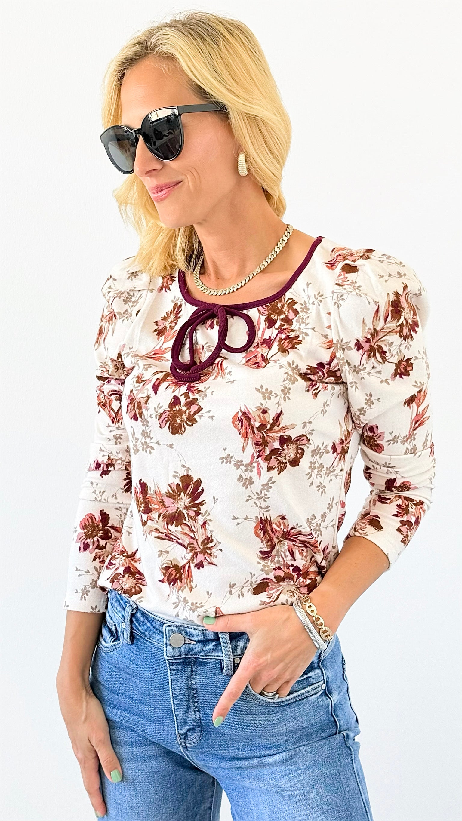 Floral Puff Sleeve Tie Neck Top-130 Long Sleeve Tops-DOE AND RAE-Coastal Bloom Boutique, find the trendiest versions of the popular styles and looks Located in Indialantic, FL